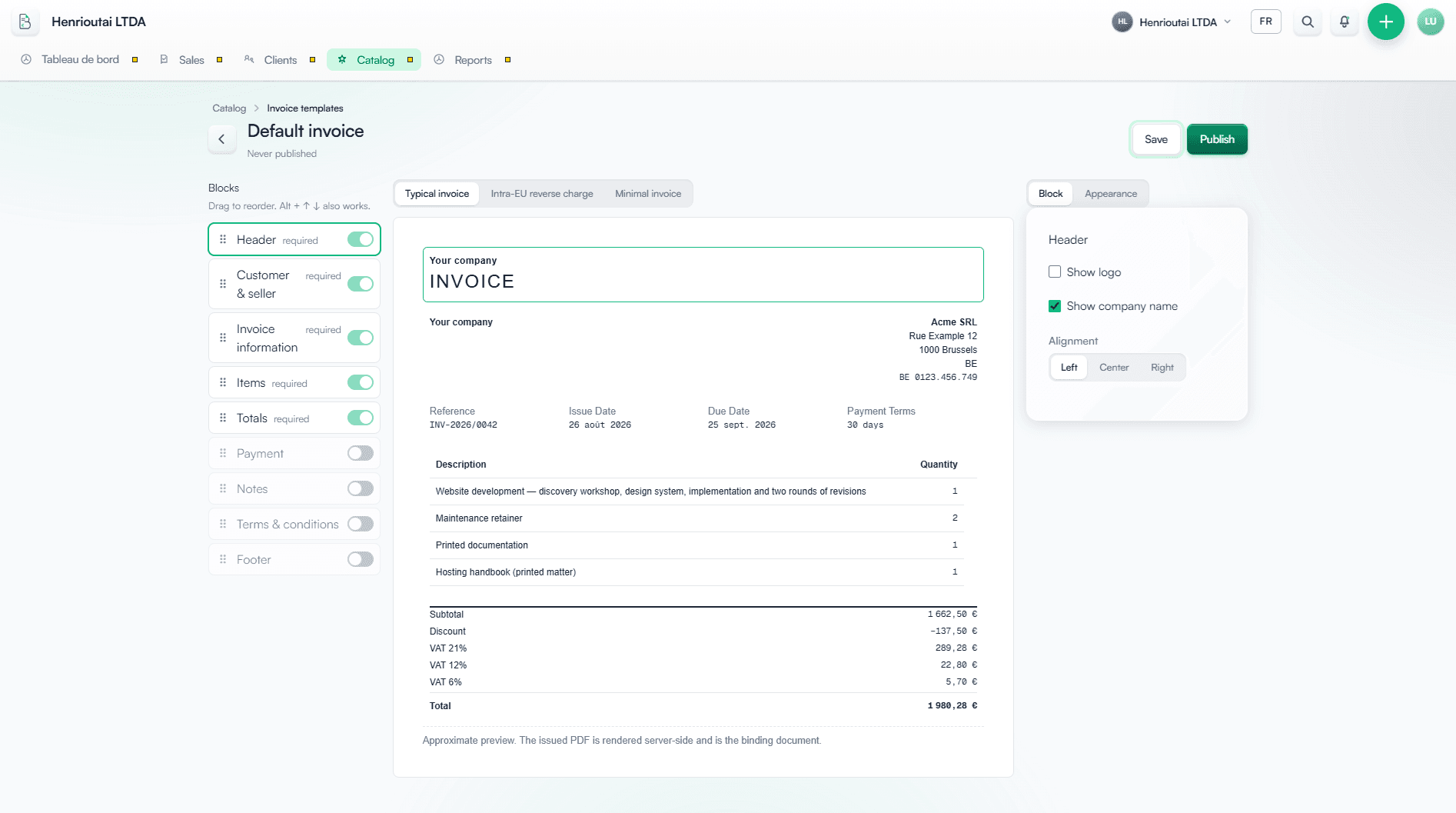The BillGen invoice template studio: an invoice previewed beside the blocks it is built from.